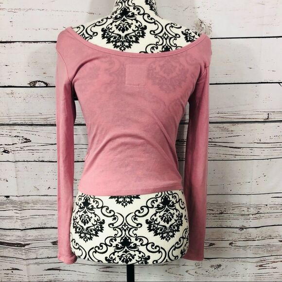 Chaser Cropped Wide Neck Long Sleeve Cotton T-Shirt Stretchy Fitted Pink XS - Picture 5 of 7